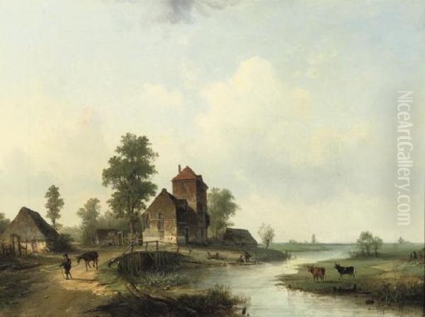 A Polder Landscape With Figures By A Bridge Oil Painting by Louis Smets