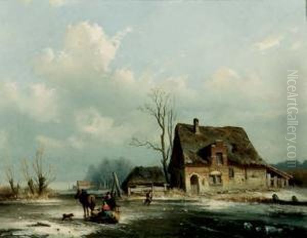 A Horse Drawn Sledge On A Frozen Waterway Oil Painting by Louis Smets