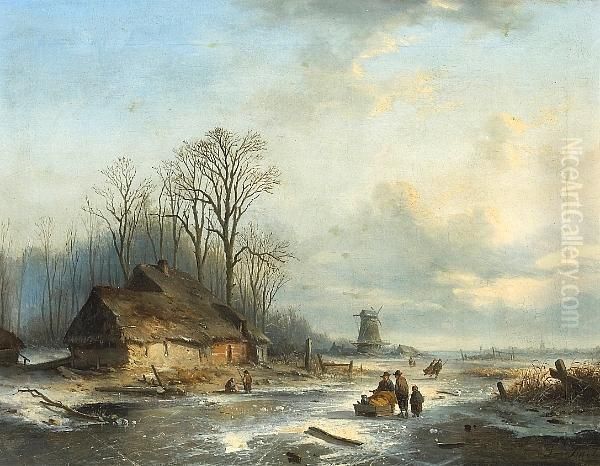 Figures On A Frozen Canal With A Windmill In The Distance Oil Painting by Louis Smets