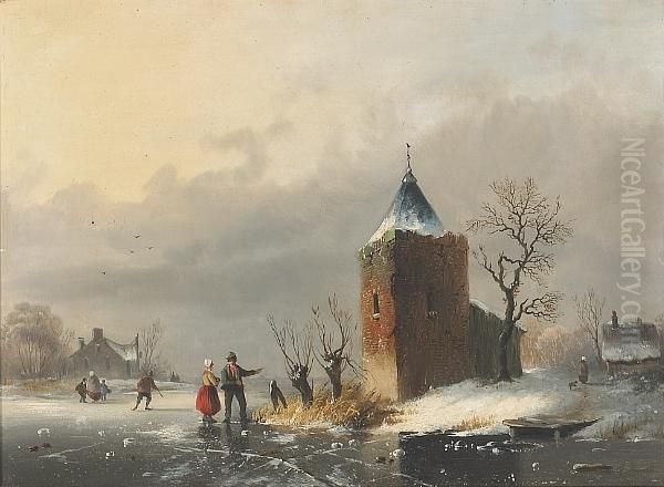 A Couple Talking On A Frozen Canal Oil Painting by Louis Smets