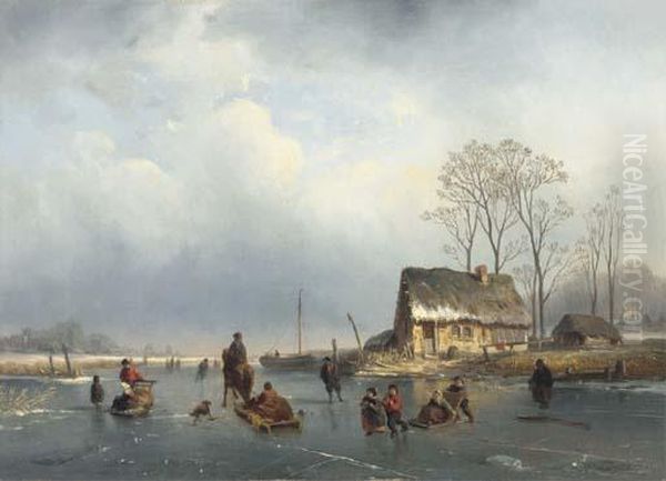 Winter Fun On A Frozen Waterway Oil Painting by Louis Smets