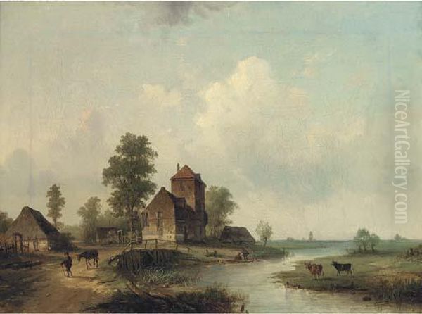 Figures By A Bridge, A Dutch Hamlet Oil Painting by Louis Smets