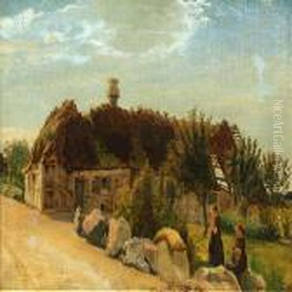 Knitting Twins By A Farmhouse Oil Painting by Hans Ludvig Smidth