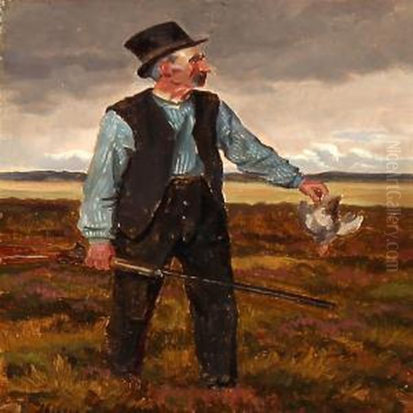 A Man With His Hunting Prey On The Moor Oil Painting by Hans Ludvig Smidth