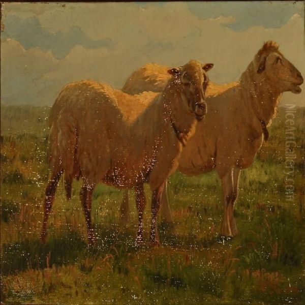 Two Grazing Sheep Oil Painting by Hans Ludvig Smidth