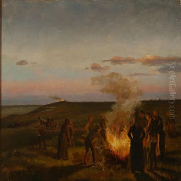 Midsummer Bonfire Oil Painting by Hans Ludvig Smidth