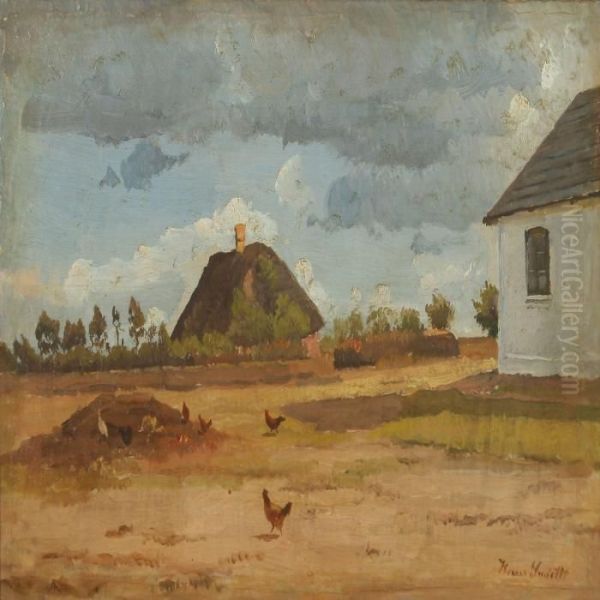 Barnyard With Hens Oil Painting by Hans Ludvig Smidth