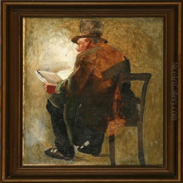 A Man Reading A Book Oil Painting by Hans Ludvig Smidth