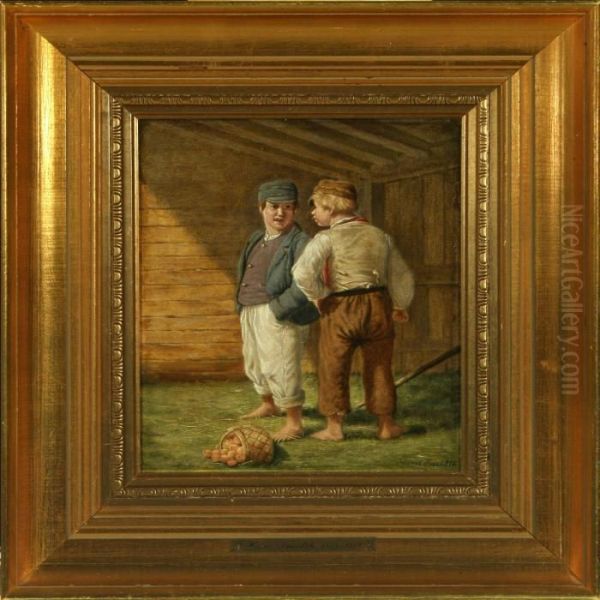 Two Barefoot Boys By A Basket Of Fruit Oil Painting by Hans Ludvig Smidth