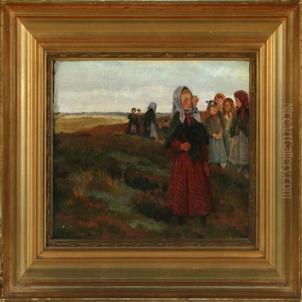 Heathscape With Girls Ontheir Way To School Oil Painting by Hans Ludvig Smidth