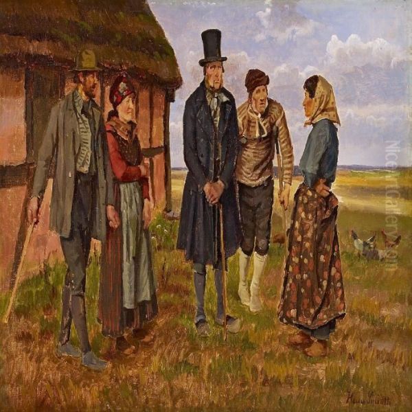 Moor With Men And Women Insunday Clothes In Front Of A Tatched House Oil Painting by Hans Ludvig Smidth