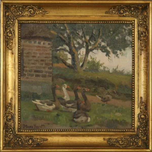 Geese Lying In The Grassby A Farm House Oil Painting by Hans Ludvig Smidth