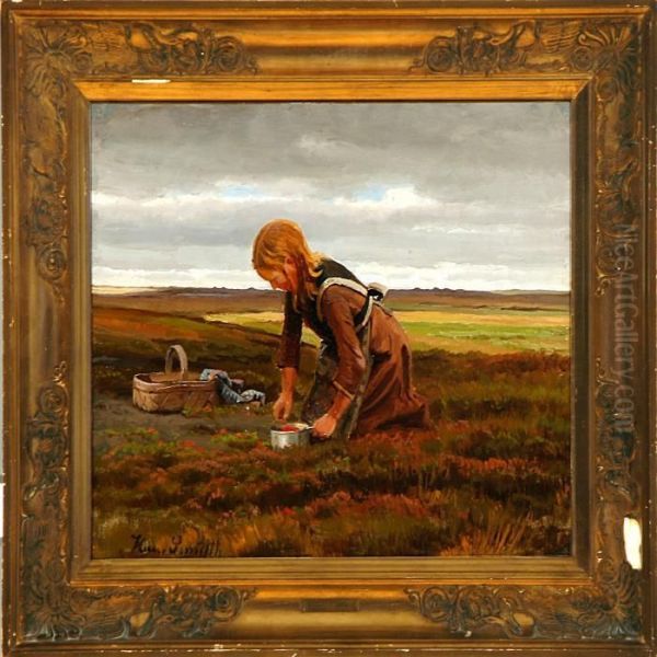 Little Girl Is Pickingberries On The Danish Moor Oil Painting by Hans Ludvig Smidth