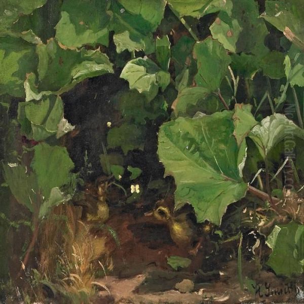 Two Ducklings Chasing Abutterfly Oil Painting by Hans Ludvig Smidth