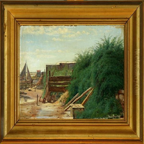 At A Fishing Village Oil Painting by Hans Ludvig Smidth