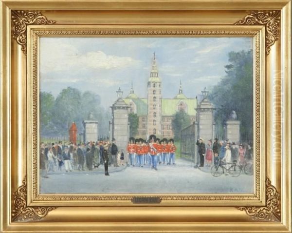 Kan, 19th-20th Century.: The Royal Guard At Rosenborg. Signed Kan Oil Painting by Hans Ludvig Smidth