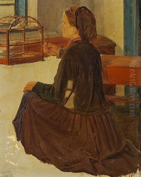 Little Girl With A Bird Cage Oil Painting by Hans Ludvig Smidth