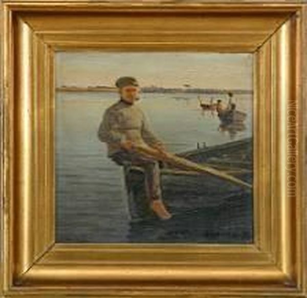 Pipe Smoking Fisherman Sitting In A Boat Oil Painting by Hans Ludvig Smidth