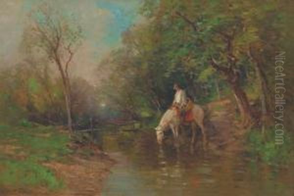 Watering By The Footbridge Oil Painting by George Henry Smillie