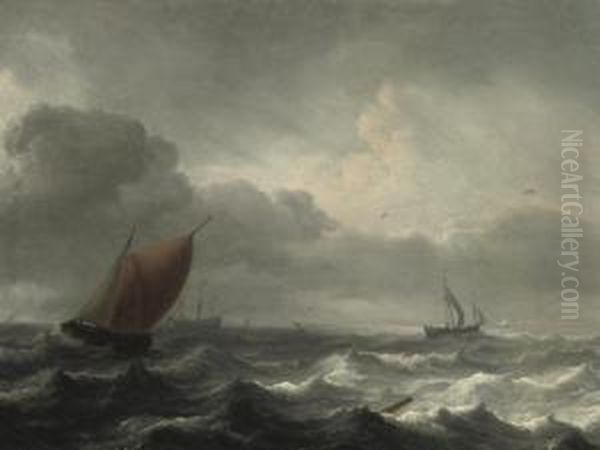 A Three-master In Choppy Waters, A Coast Beyond Oil Painting by Aernout Smit