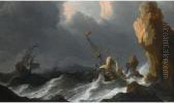 A Shipwreck In A Heavy Storm Along A Rocky Coast Oil Painting by Aernout Smit