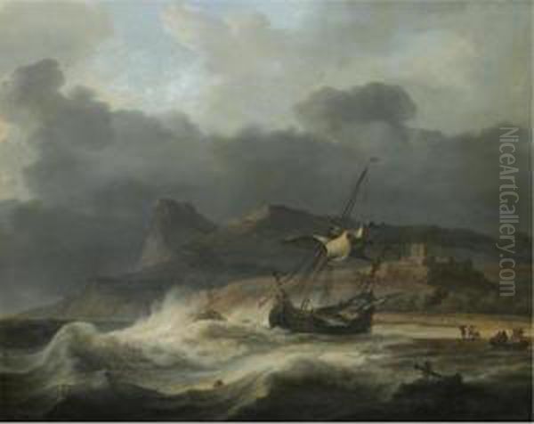 A Mountainous Coastal Landscape 
With A Ship Beached In A Storm, Figures Gathering Cargo To The Right Oil Painting by Aernout Smit