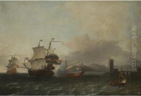 Dutch And English Shipping Off A
 Mediterranean Coast, With A Man-o'-war Firing A Salute To A State Barge Oil Painting by Aernout Smit