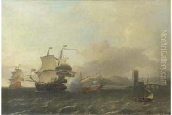 A Naval Engagement Off The Coast Of A Harbour Town Oil Painting by Aernout Smit