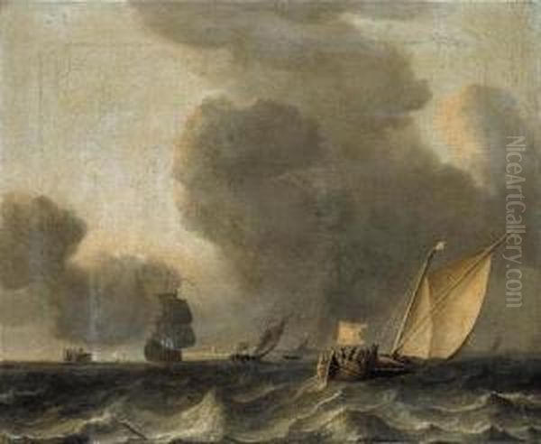 Two Dutch Smalships And A Man-o-war Off The Coast In Stormy Weather Oil Painting by Aernout Smit