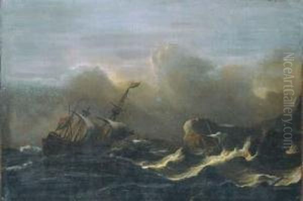 A Three-master In A Gale Off A Rocky Coast Oil Painting by Aernout Smit