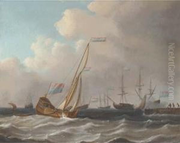 A Dutch Admiralty Yacht Running Into Port With A Warship Salutingoff A Quay Oil Painting by Aernout Smit