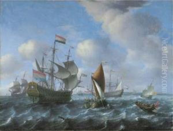 A Man-o'-war, Possibly Het Wapen
 Van Utrecht, A Wijdschip And A Spiegelsloep In A Stiff Breeze Oil Painting by Aernout Smit