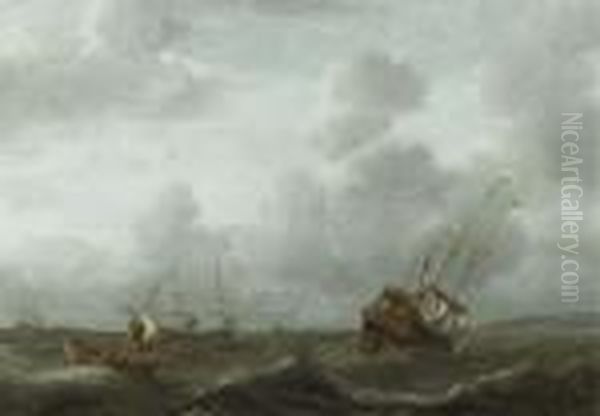 A Frigate And Other Shipping In A Stiff Breeze Oil Painting by Aernout Smit