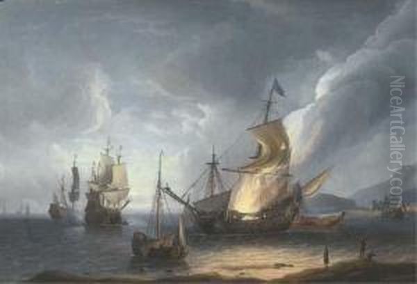 A Coastal Nocturne With A Ship Ablaze On The Shore Oil Painting by Aernout Smit