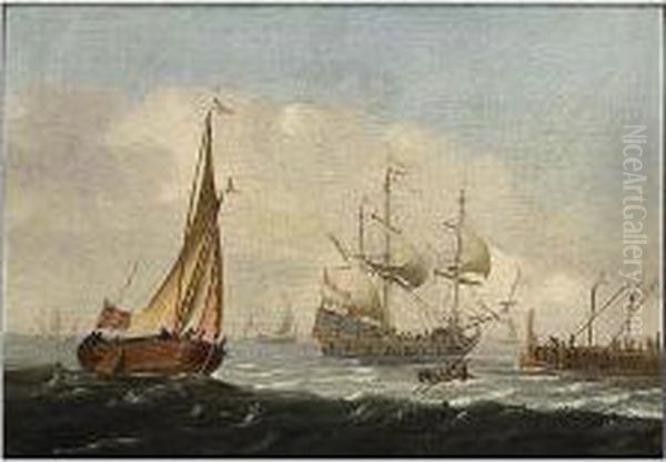 A Merchantman, A Wijdschip, And A Rowing Boat In A Breeze Near A Quay Oil Painting by Aernout Smit