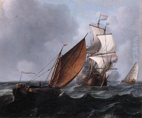 A Wijdschip Running Before The Wind While A Merchantman Fires Asalute, In A Stiff Breeze Oil Painting by Aernout Smit