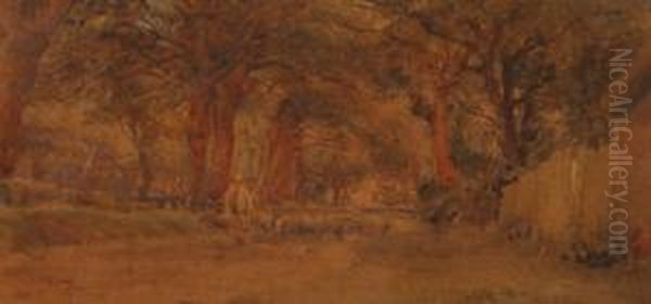 Shepherd And Flock On A Woodland Road Oil Painting by Arthur Reginald Smith