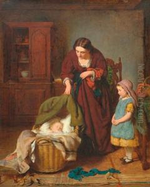 Interior With Mother And Two Children Oil Painting by George Smith