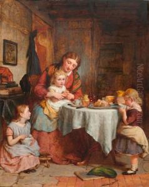 Mother With Three Children At A Table Oil Painting by George Smith