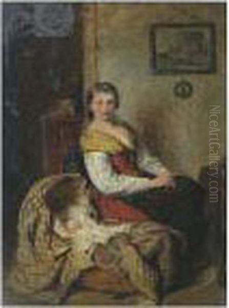 Interior Scene With Mother And Baby Oil Painting by George Smith