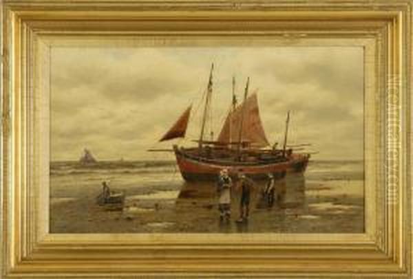 Beached Fishing Vessel With Figures Oil Painting by Henry Pember Smith