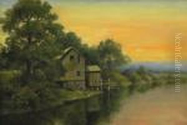 View Of A Mill House At Sunset Oil Painting by Henry Pember Smith