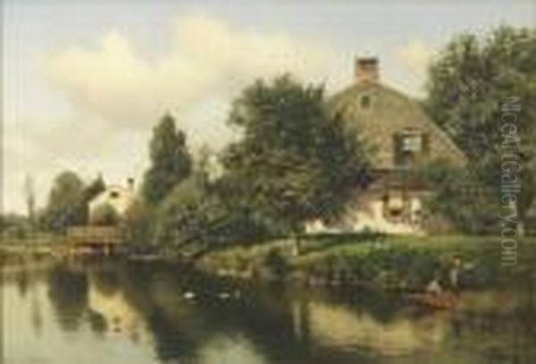 River Landscape Withhouses Oil Painting by Henry Pember Smith