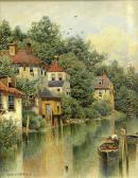 Village Houses Along A River Oil Painting by Henry Pember Smith