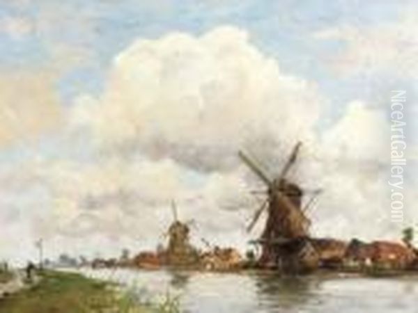 Aan De Rivier: Windmills Along A River On A Summer Day Oil Painting by Hobbe Smith