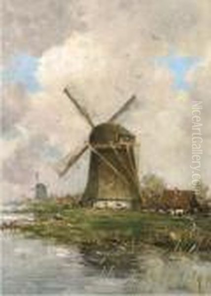 Windmills By A River Oil Painting by Hobbe Smith