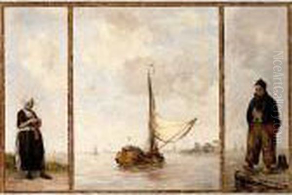 A Triptych: Central Piece: 
Coming Into Harbour, Right : Volendammer Boy, Left: Volendammer Girl Oil Painting by Hobbe Smith