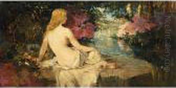 A Seated Female Nude In A Landscape Oil Painting by Hobbe Smith