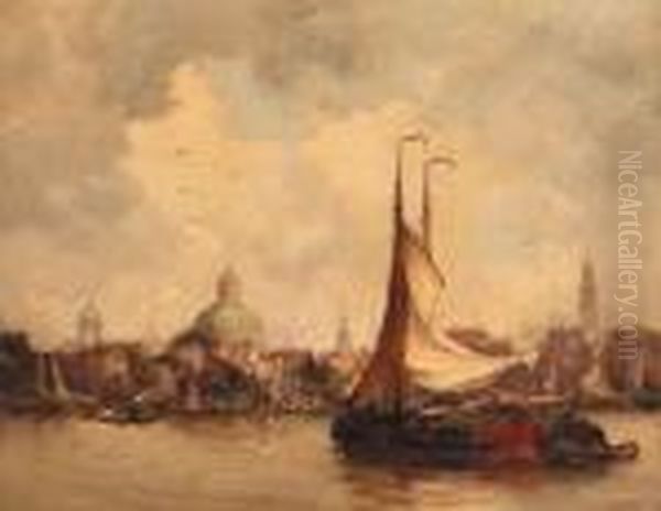 Shipping On The Ij, Amsterdam, With The Koepelkerk And Thewesterkerk Beyond Oil Painting by Hobbe Smith