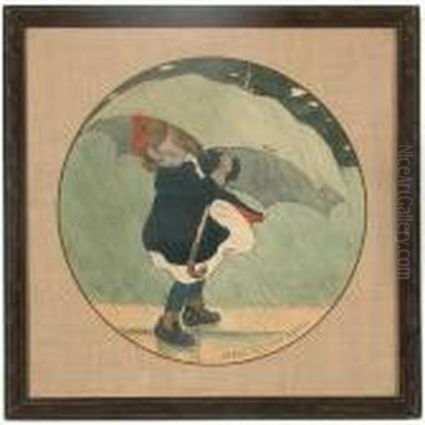 Young Girl With Umbrella In Therain Oil Painting by Jessie Wilcox-Smith